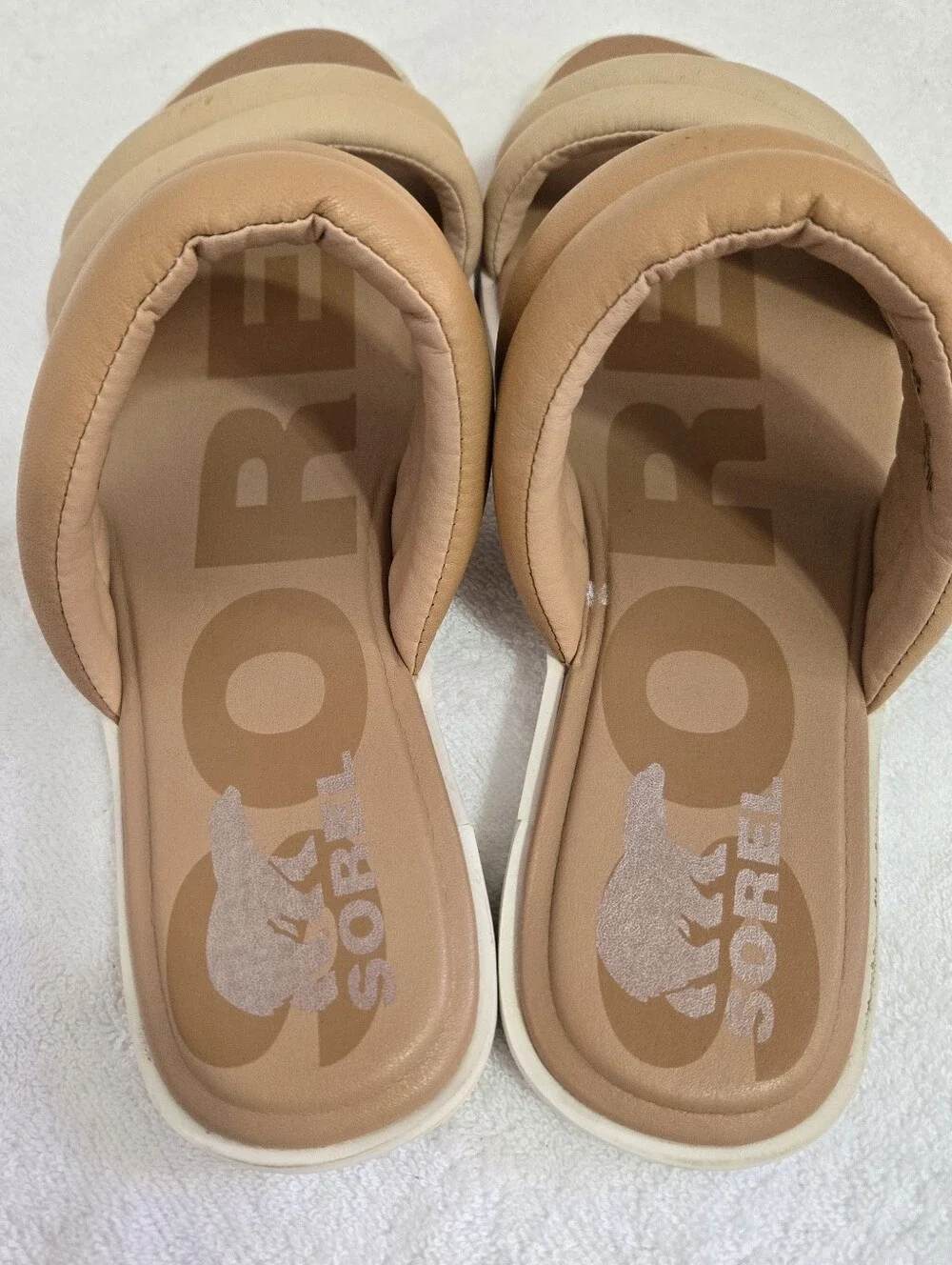 Sorel Viibe Twist Slide Sandals Women's Size 8.5 Tan Beige Puffy Straps Comfort